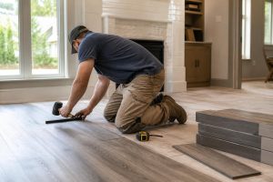 Alpharetta LVP installation: installer fitting luxury vinyl plank in a living room