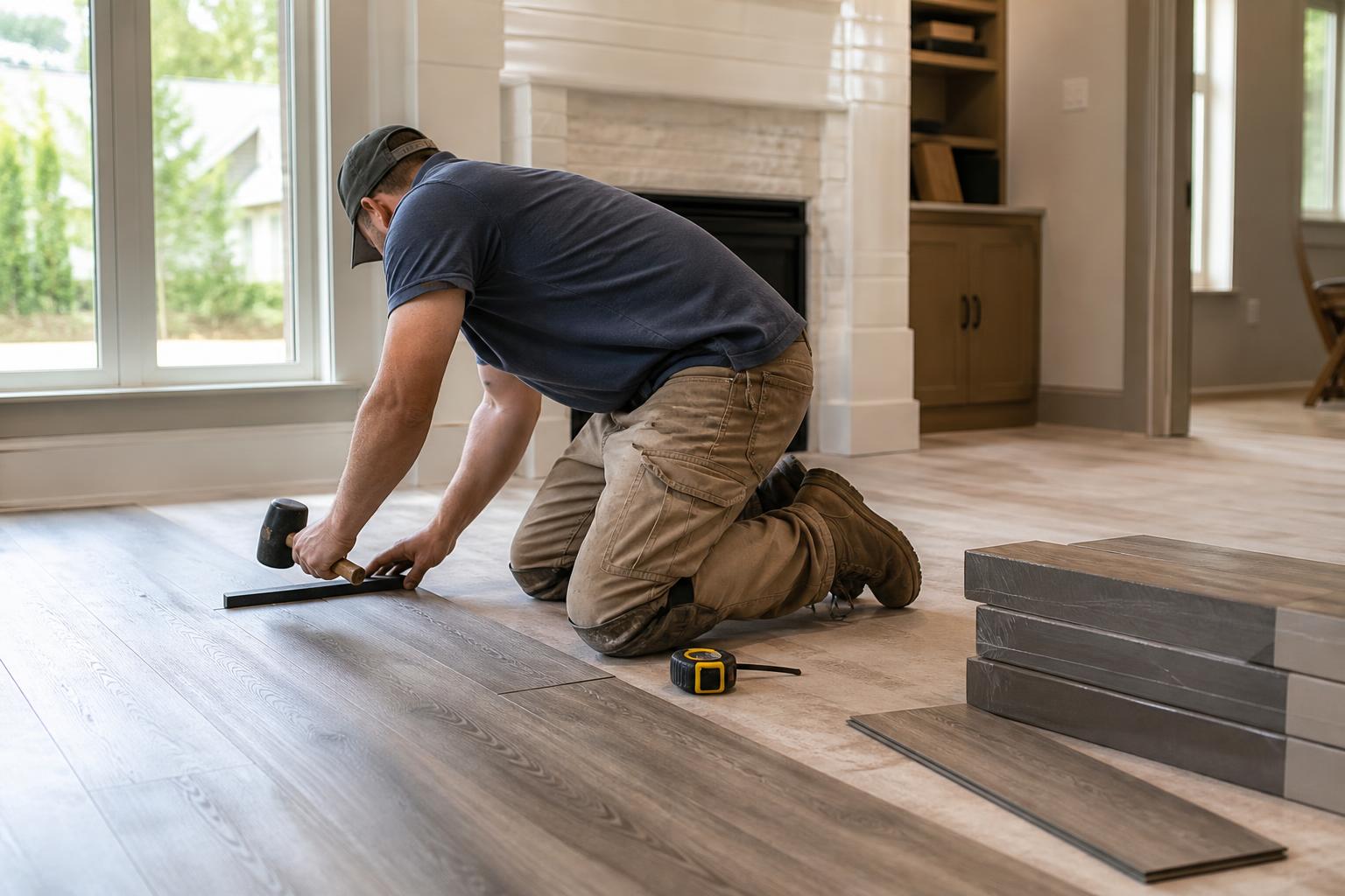 Alpharetta LVP installation: installer fitting luxury vinyl plank in a living room