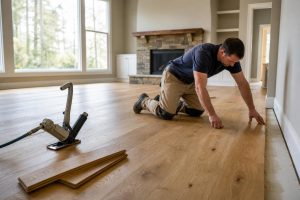 Installer nailing down oak planks during hardwood floor installation Alpharetta GA