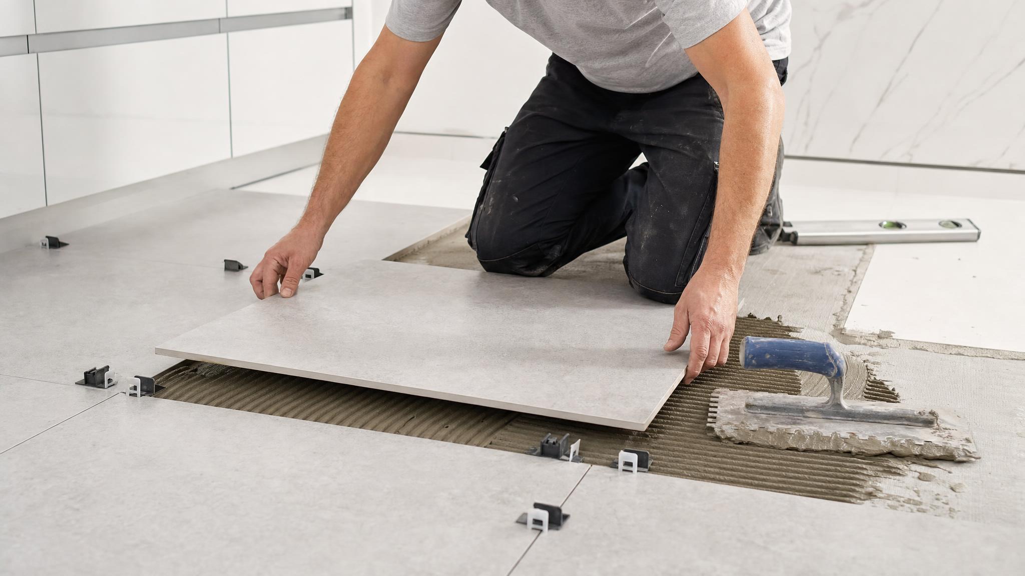 tile flooring installation cost — professional installer placing large-format porcelain tiles with spacers and notched trowel